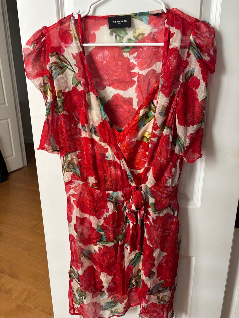 The Kooples Dress Sheer Wrap  over slip Red Floral Print Sm